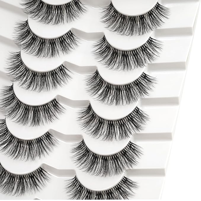3D Clear Band False EyeLashes Soft Faux Mink Lashes Wispy Fluffy Eyelashes Natural Cat Eye Short Reusable 7 Pairs Happy Heartbeat(No.198)