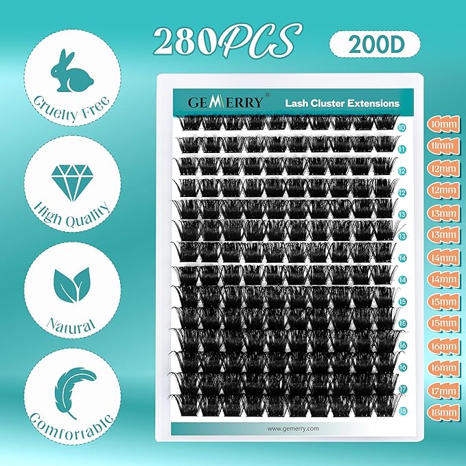 GEMERRY DIY Lash Extension Kit for Beginners 280 PCS Individual Lash Clusters Kit 0.07D 10-18 MIX Eyelash Extension Kit Lash Glue for Eyelash Extensions(200D-0.07D,10-18MIX-KIT)