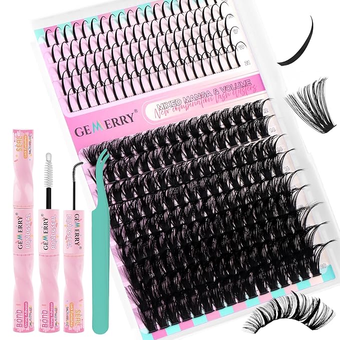 GEMERRY Lash Clusters Kit 80D Long 12-21mm with Spikes Cluster Eyelash Extensions Kit DIY Wispy Natural Lash Clusters with Lash Bond and Seal Spiky Individual Lashes Eyelashes