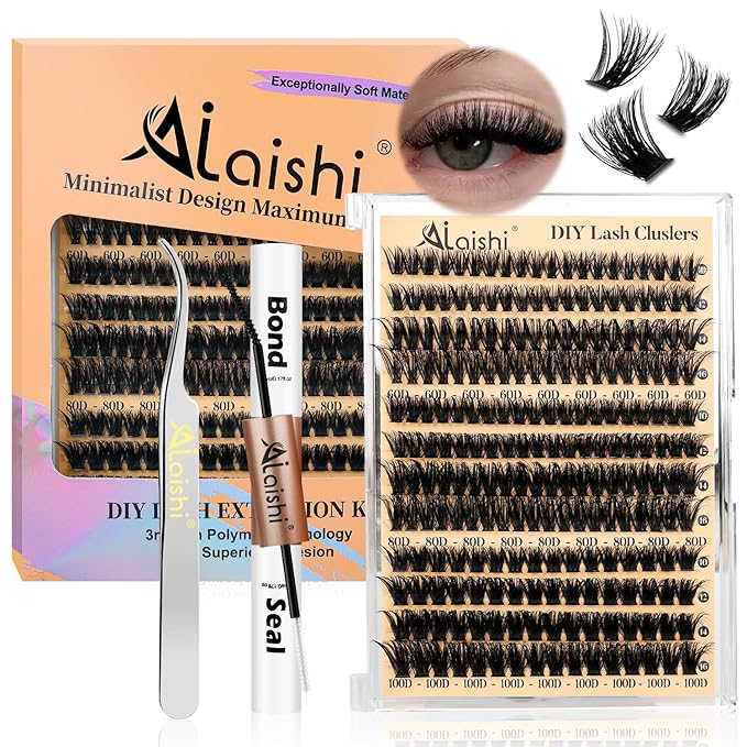 Lash Clusters Kit, DIY Cluster Eyelash Extensions 9‑16mm, 60D+80D+100D, 224pcs Fluffy D Curl Natural Lashes with Bond & Seal,Tweezers–Fake Cat Eye Individual Clusters