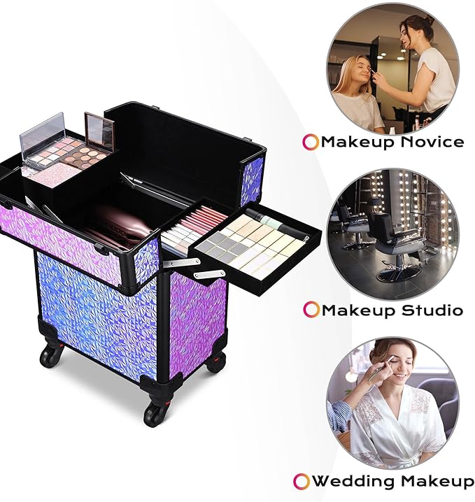 BYOOTIQUE Rolling Makeup Case on wheels Nail Traveling Organizer box False Eyelash Storage for Nail Technician Beauty Salon Barbershop Hairstylist,Mermaid Purple