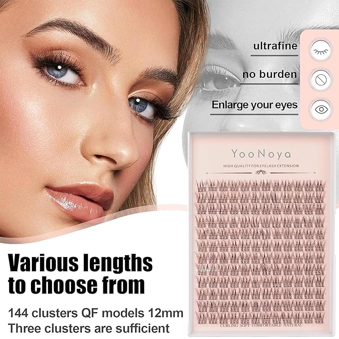 Wispy Cluster Lashes 144 Pcs 12mm Natural Individual Eyelashes Wispy C D Curl DIY Cluster Eyelash Extensions Super Thin Band Eyelashes (QF-12mm)