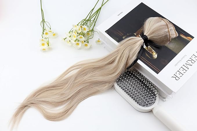 Full Shine Clip in Hair Extensions 3 Pcs 60 G Ash Blonde Highlights Bleach Blonde Human Hair Extension Clip ins Invisible Hair Extensions for Thin Hair 20 Inch