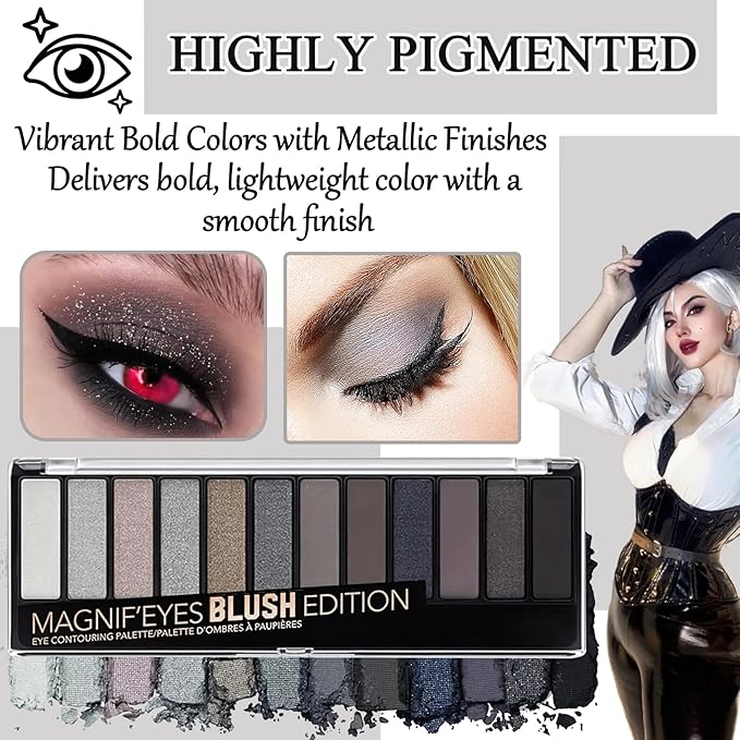 Black Grey Smoky Eyeshadow Palette,15 Colors Matte Shimmer Pigmented Eye Shadow Makeup Palette Set with 3 Eyeshadow Brushes,Glitter Eyeshadow Makeup Palette for Daily Halloween Goth Makeup(G)