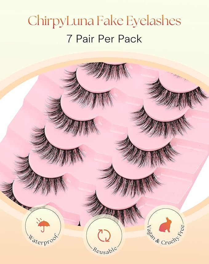 False Lashes 16MM Eyelashes Natural C Curl Lash Strips Fluffy Lashes with 0.1MM Thin Band 3D Volume Fake Eyelashes Pack ChirpyLuna 7 Pair