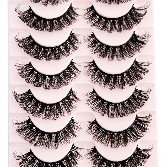 Short Lashes Natural Look D Curl 8-14mm Mink Eyelashes Fluffy that Look Like Extensions Strip False Volume Lash Pack Full 7 Pair Wispy Cat Eye Mega Double Stacked Thick Eyelash Small Fake Lashes