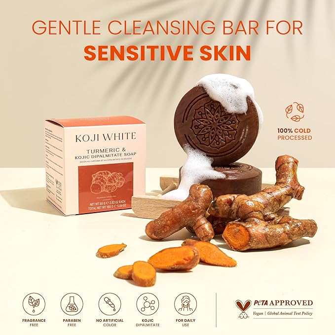 Koji White Turmeric & Kojic Acid Dipalmitate Soap - Unscented Bar Soap for Uneven Skin Tone With Shea Butter – For Face & Body, Vegan, Fragrance-Free, Sensitive Skin, 2.82 oz (2 Bars)