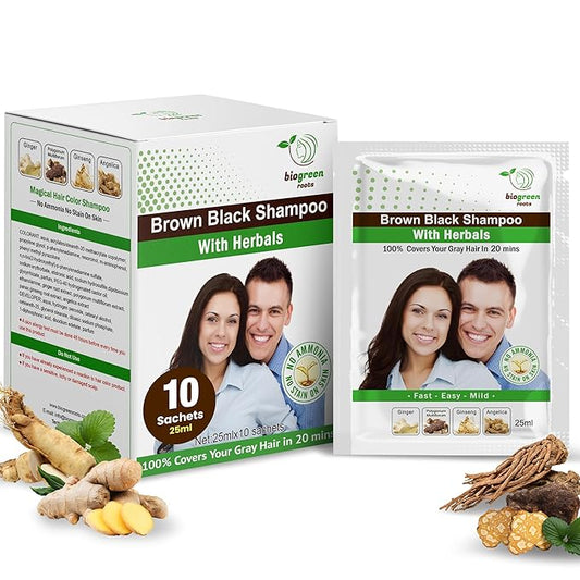 Ammonia-Free & Paraben Free Herbal Color Hair Dye Shampoo for Women & Men – Natural Dye Brown Shampoo Herbal Treatment – Effective Grey Coverage - Brown Black (10 sachets x 25 ml)
