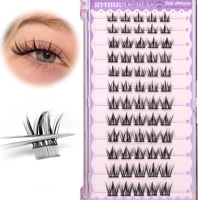 Self Adhesive Eyelashes Wispy Lash Clusters D-Curly Pre Glued Eyelashes Clusters 8-14MM Natural Press on Cluster Lashes Easy to Apply Self Adhesive Lash Clusters No Glue Needed by JIMIRE