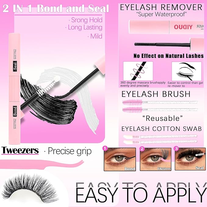 8 Styles Mix Lashes Clusters Kit 4 Box Cluster Lash Book Kit with Bond&Seal 1888Pcs 100D/200D/300D Volume Manga Eyelash Extension Gift Packs for Beginners Bulk Pack DIY at Home Easily