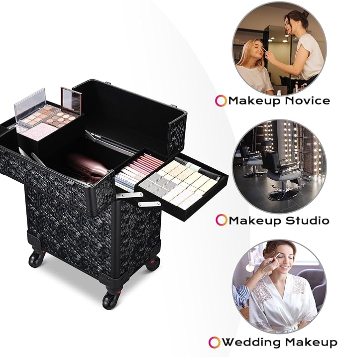 BYOOTIQUE Rolling Makeup Train Case on Wheels Large Cosmetic Travel Organizer Eyelash Storage Box for Nail Tech Beauty Salon Manicurist Barbershop,Mermaid Black