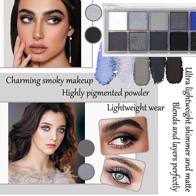 Black Grey Smoky Eyeshadow Palette,15 Colors Matte Shimmer Pigmented Eye Shadow Makeup Palette Set with 3 Eyeshadow Brushes,Glitter Eyeshadow Makeup Palette for Daily Halloween Goth Makeup(E)