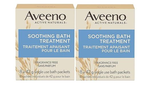 Aveeno Fragrance Free Soothing Bath Treatment, 100% Natural Colloidal Oatmeal, Sensitive Skin Bath Soak for Relief of Dry, Itchy, Irritated Skin Due to Eczema & Hives, Bath Packets, 8 ct. (Pack of 2)