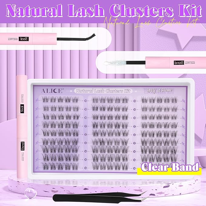 ALICE Natural Lash Extension Kit Lash Clusters Kit Wispy Cluster Eyelash Extension Kit with 135pcs Clear Band C-Curly 10-14mm Eyelash Clusters Lash Glue Bond and Seal