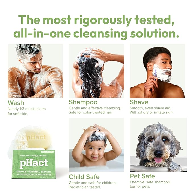 ANDREW LESSMAN pHact Moisture-Rich, Soap-Free Cleansing Bar Cucumber. Natural Skin pH. All Skin Types - Even Sensitive Skin. Hypoallergenic. Dermatologist Tested. 6 - Pack 4.25 oz each