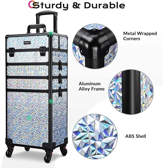 BYOOTIQUE Rolling Makeup Cart on Wheels False Eyelash Storage Nail Tech Carrying Organizer Box for Nail Artist Beauty Studio Barbershop Hairstylist,Mermaid Silver