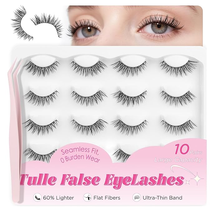 BEPHOLAN Ultra-thin False Eyelashes With Tweezers 10 Pairs Eyelashes Pack Wispy Lashes Natural look Cat Eye Lashes Strip Lightweight Lashes with Soft Clear Band(109)