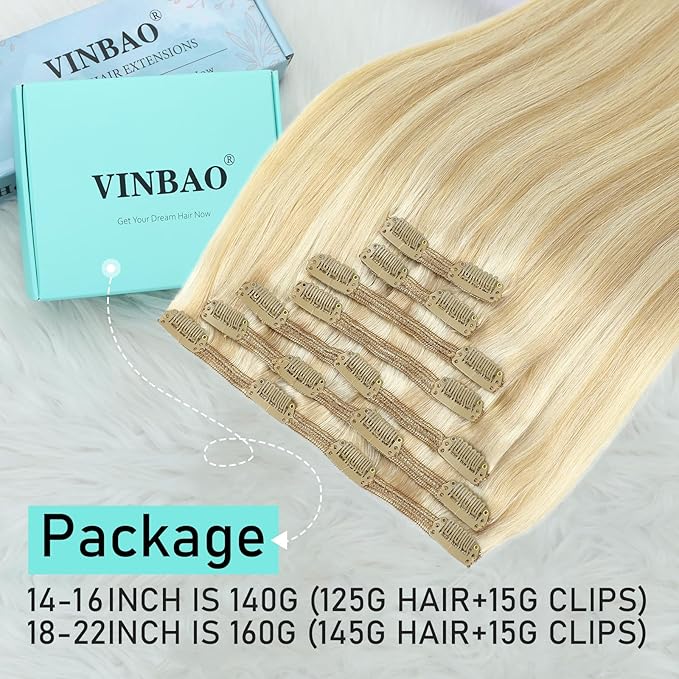 VINBAO Thick Clip in Extensions Real Human Hair, Balayage Golden Brown to Platinum Blonde, Clip in Human Hair Extensions, 20Inch 160g #27P60 7PCS Double Weft (#HC27P60,20'')