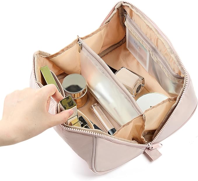 NISHEL Travel Makeup Bag for Women, Fluffy & Lightweight Open Flat Cosmetic Organizer with Multiple Functional Divider for Brush Independent Storage, Handle for Easy Portability, Pink