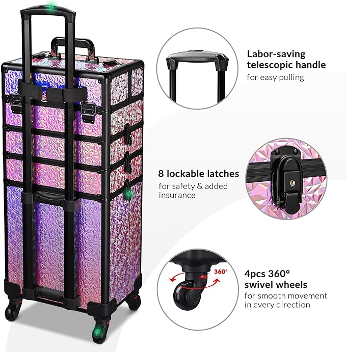 BYOOTIQUE 4in1 Rolling Cosmetology Case on Wheels Hairdressing Brush Bags Cosmetic Organizer Lash Storage Box for Makeup Artist Beauty Salon Nail Technician Hairstylist,Mermaid Pink