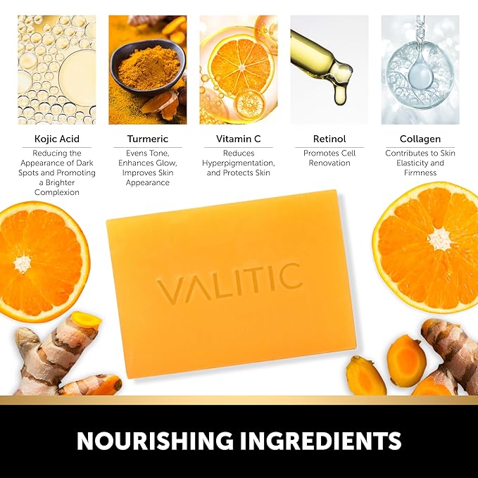 VALITIC Kojic Acid Vitamin C and Retinol Soap Bars with Turmeric for Dark Spot - Original Japanese Complex Infused with Collagen, Hyaluronic Acid, Vitamin E (2 Pack) - With Scrub Bag