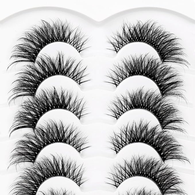 Pooplunch False Eyelashes Cat Eye Look Clear Band Wispy Volume Dramatic Long 8D Faux Mink Lashes Fake Eyelash Strips 7 Pairs Pack