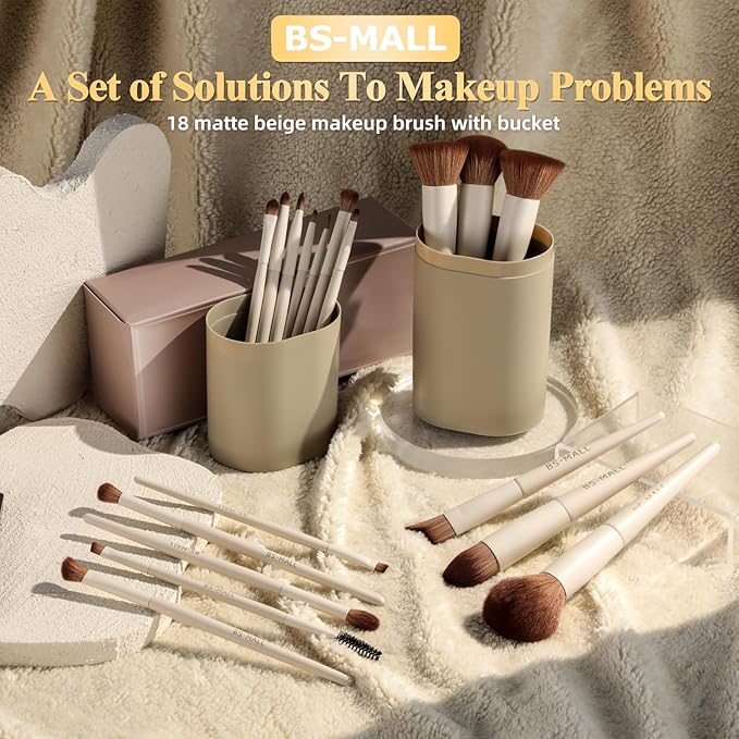 BS-MALL Professional Makeup Brush Set 18 Pcs Premium Synthetic Foundation Powder Concealers Eye Shadows Blush Makeup Brushes with Travel Case (Matte white beige)