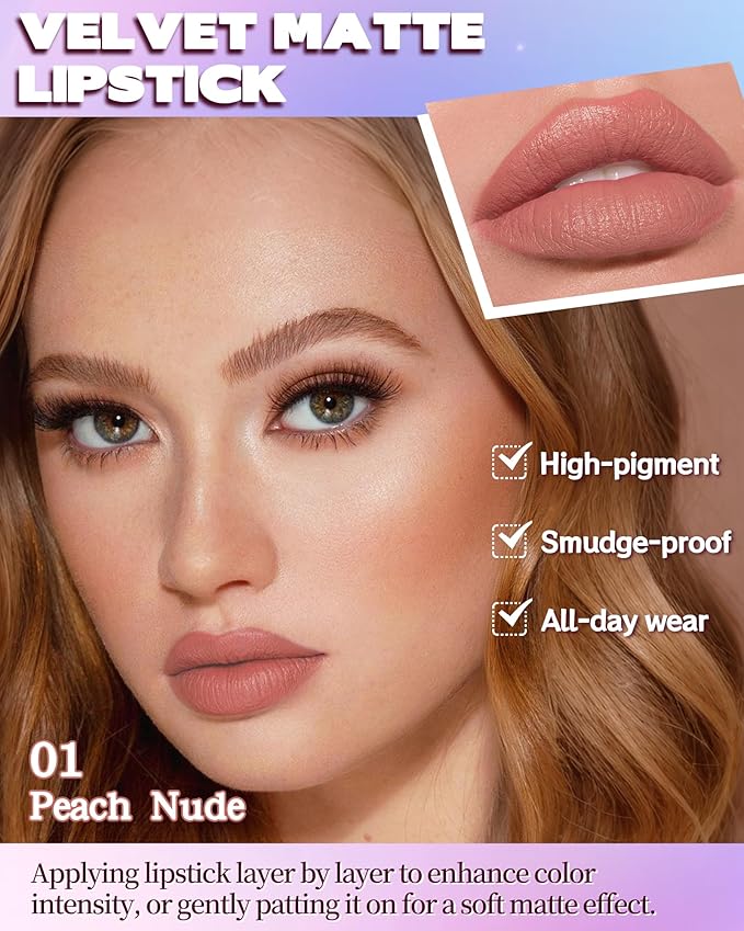 Matte Lipstick, Velvet Peach Nude Lip Stick Crayon Pencil, Waterproof Long Wear Lipstick 24 Hour High Pigmented, Smudge-proof Non-stick Hydrating Natural Lipgloss Christmas Makeup gift for Women-01