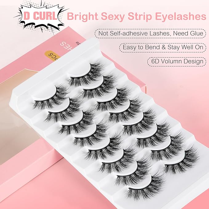 False Eyelashes Manga Anime Lashes Wispy Volume Fake Lashes Invisible Band for Cosplay 8 Pairs Faux Mink Natural Look Spiky Eyelash Strips 17MM (Bright Sexy)