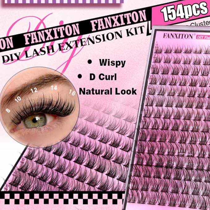 DIY Lash Extension Kit Natural Look Wispy Lash Clusters D Curl 154 Pcs Lashes Clusters with Lash Brush 8-16 mm Eyelash Extension Kit Individual Lashes Lash Cluster Kit For Beginners (No Glue)