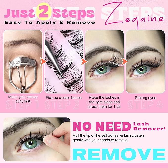 Manga Self Adhesive Eyelashes Natural Look Self Adhesive Lash Clusters With Spikes Clear Band Anime Lash Clusters C-Curly Wispy Pre Glued Lashes 8-16MM 120Pcs by Zegaine