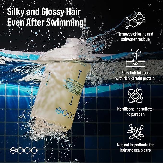 SOOO Swim Shampoo, Chlorine Removal After Swim Shampoo for Swimmers, Removes Salt & Residue, Refreshing dry itchy Scalp & Pool Odor, Centella Asiatica, Citrus Scent, Silicone-Free Paraben-Free 16.9Oz
