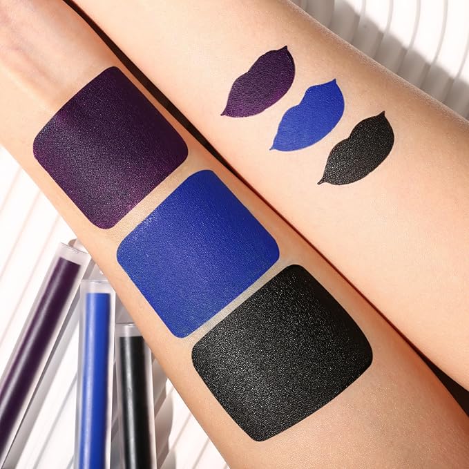 BADCOLOR 3 Colors Matte Liquid Lipstick Set, Black Blue Purple Halloween Makeup, High Impact Long Lasting Lip Stain Velvet Nonstick Cup Smudge Proof & Waterproof Lip Gloss Set