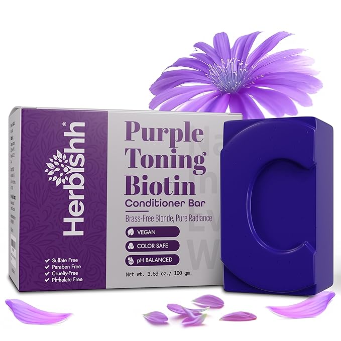 Herbishh Purple Toning Conditioner Bar for Blonde, Silver & Gray Hair, Neutralizes Brassiness, Adds Shine & Moisture, Biotin Conditioner Bar, Sulfate-Free, Eco-Friendly, Travel-Ready, 3.53 oz