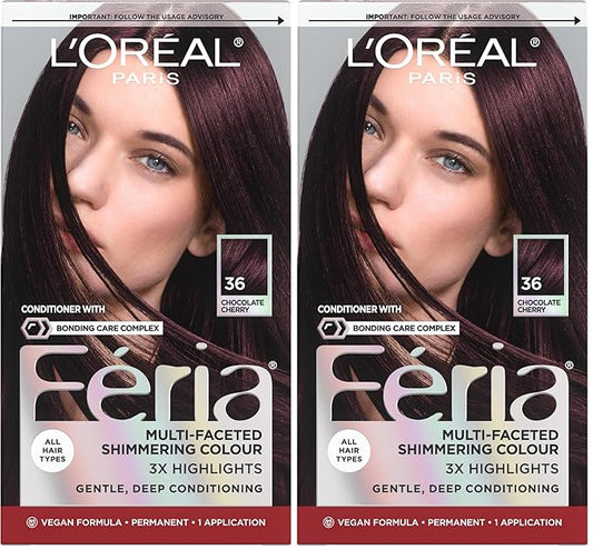 L'Oreal Paris Feria Multi-Faceted Shimmering Permanent Hair Color, 36 (Chocolate Cherry) Deep Burgundy Brown, Pack of 2 Hair Dye Kit
