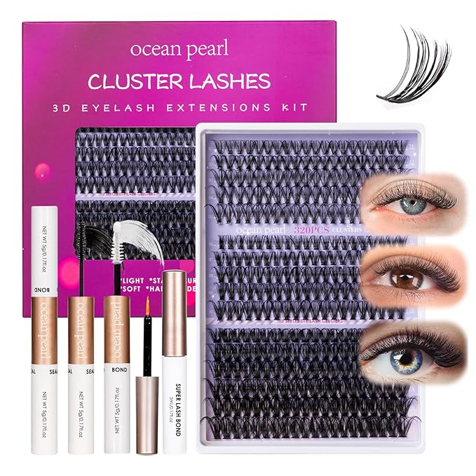 Ocean Pearl Lash Clusters 320PCS 11-20mm Lash Extension Kit 30D+40D+60D Eyelash Extension Kit Individual Lashes Thick Eyelash Clusters Lashes Clusters with Eyelashes Bond+Seal+Adhesive+Tweezer-60D