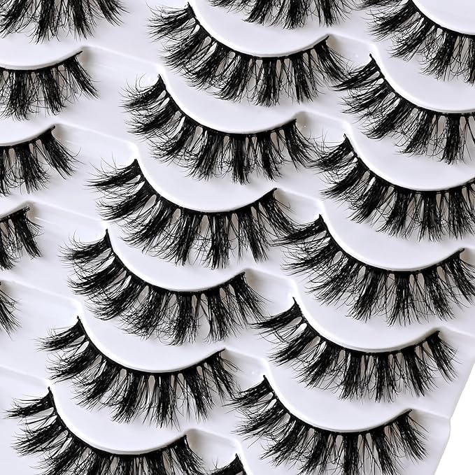 Lashes Fluffy Wispy Eyelashes 14 Pairs Separated Volume Lash Pack 9-16mm Spiky Strip Eyelash Natural Fake Mink Lashes Semi-Bold Reusable False Eyelashes Strips for Open-Eye & Cat-Eye Looks