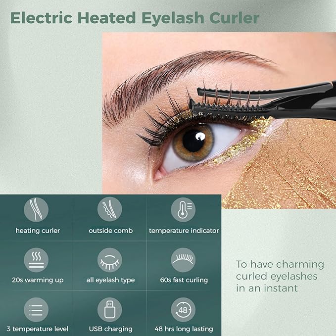 Heated Eyelash Curler, USB Rechargeable Electric Heating Eyelash Curler for Women, 3 Temperature Modes 2 in 1 Clip-Type Eyelash Curler with Built-in Comb Fast Heating & Long Lasting