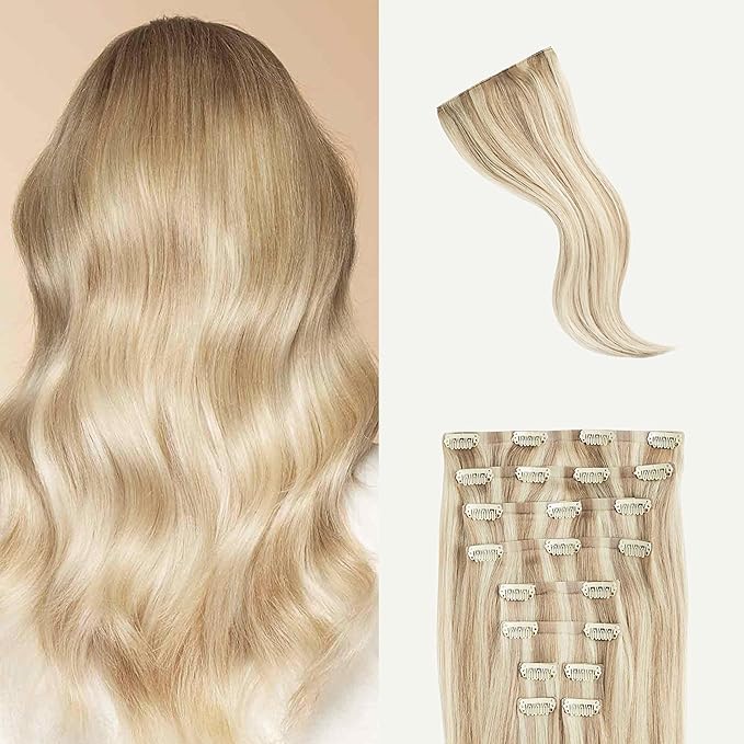 Luxy 100% Remy Human Hair, Classic 160g Clip-In Hair Extensions - 10 Wefts Multi-Dimensional Color for Natural Blending, Adds Volume & Length, Easy Apply & Remove 16" Beige Blonde Balayage