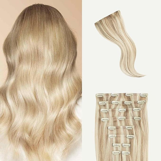 Luxy 100% Remy Human Hair, Classic 160g Clip-In Hair Extensions - 10 Wefts Multi-Dimensional Color for Natural Blending, Adds Volume & Length, Easy Apply & Remove 16" Beige Blonde Balayage