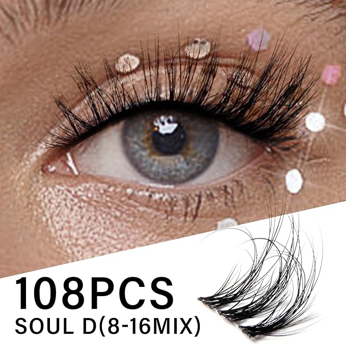 Lash Clusters 0.05mm Individual Lashes, 3D Wispy Lashes Clusters, 0.1mm Super Thin Band Resuable Natural Lashes,C Curl Faux Mink Lashes,108pcs Lash Extension (Green Soul-C-0.05-8-16mix)