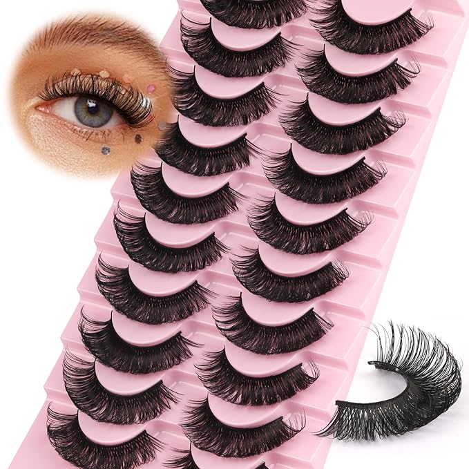 Ahrikiss Lashes Russian Strip Lashes That Look Like Extensions D Curl Wispy False Eyelashes 10 Pairs 3D Volume Fake Lashes Fluffy Faux Mink Lashes Natural Look (D16)