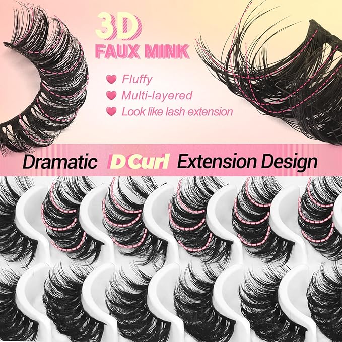 Ahrikiss Faux Mink Lashes Fluffy Russian Eyelashes 6D Volume False Eye Lashes that Look Like Extensions Thick Soft D Curl Fake Strip Lashes 10 Paris Pack(R3)