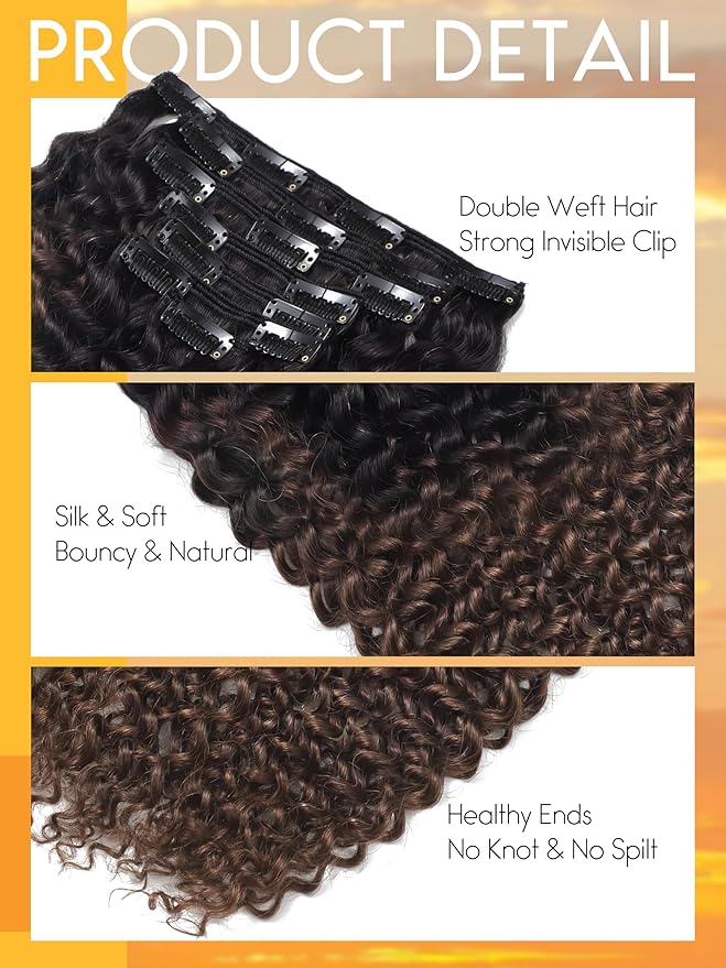 Caliee 3B 3C Curly Clip in Hair Extensions Jerry Curly 18Inch Ombre Natural Black into Dark Brown Human Hair Brazilian Real Remy Clip Ins Hair Extensions Full Head #T1B/4 7Pcs 120G Per Pack
