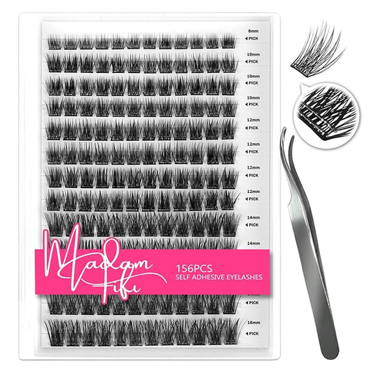 156 PCS Volume Self Adhesive Eyelashes Clusters, Invisible 2-Strip Tape - Longer Lasting, Pre Glued Eyelash Clusters, No Glue Needed Lashes C-Curly Eyelash Clusters with Tweezers