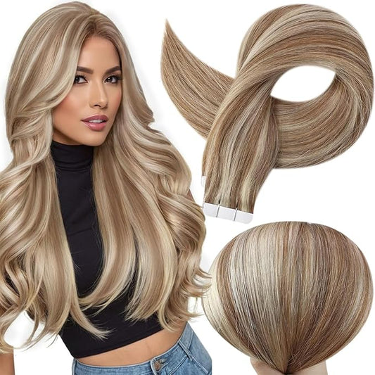 Full Shine Tape in Hair Extensions 14Inch Seamless Skin Weft Tape Hair Extensions Real Human Hair 10 Golden Brown Highlighted 613 Bleach Blonde Human Hair Extension Straight Hair 50G 20Pcs for Women