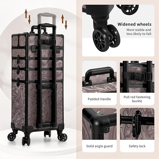 Profesional Rolling Makeup Train Case with Lid, 5 in 1 Cosmetology Case on Wheels, Large Cosmetic Trolley Organizer Travel for Hairstylist Artist Nail Beauty Salon Barber, Brown Ink