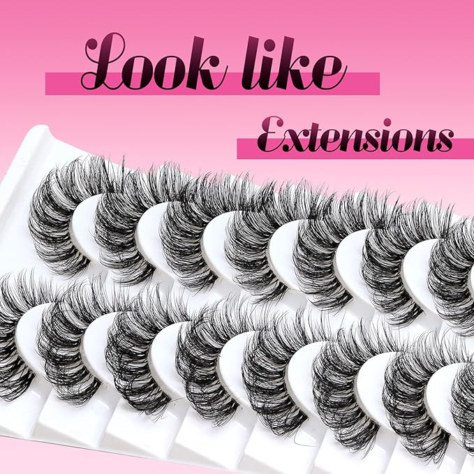 Veleasha Lashes Russian Strip Lashes Eyelashes with Clear Band Looks Like Eyelash Extensions D Curl Lash Strips 10 Pairs Pack (DT01)