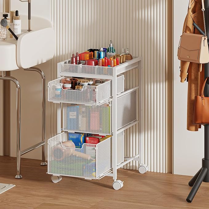 JKsmart Rolling Makeup Cart Organizer with 3 Drawers, Cosmetics Display with Dividers, Floor Skincare Storage with Wheels, Versatile Vanity Organizer for Nail Polish Perfume Brush Hair Tool, White