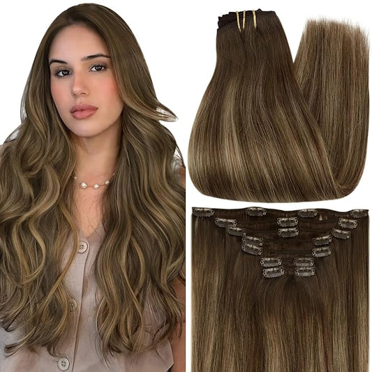 Full Shine Clip in Hair Extensions Remy Human Hair Balayage Medium Brown to Hoeny Blonde Real Hair Clip in Extensions for Wedding 7 Pcs 20 Inch 120 G